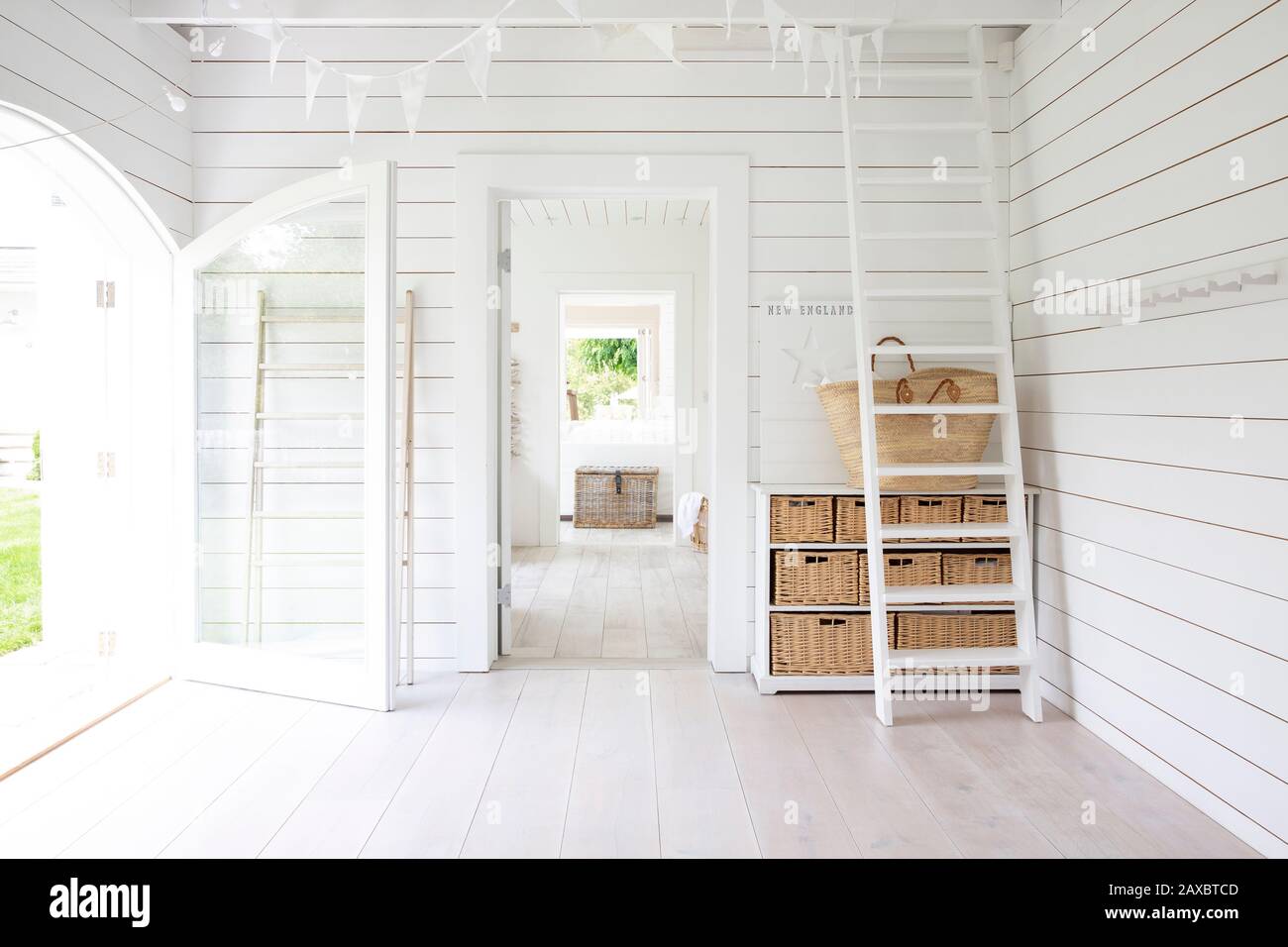 White wood shiplap beach house room Stock Photo