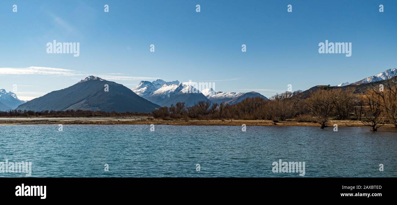 Mount Alfred and Earnslaw across the top of Lake Wakatipu from the jetty at Glenorchy, New Zealand Stock Photo