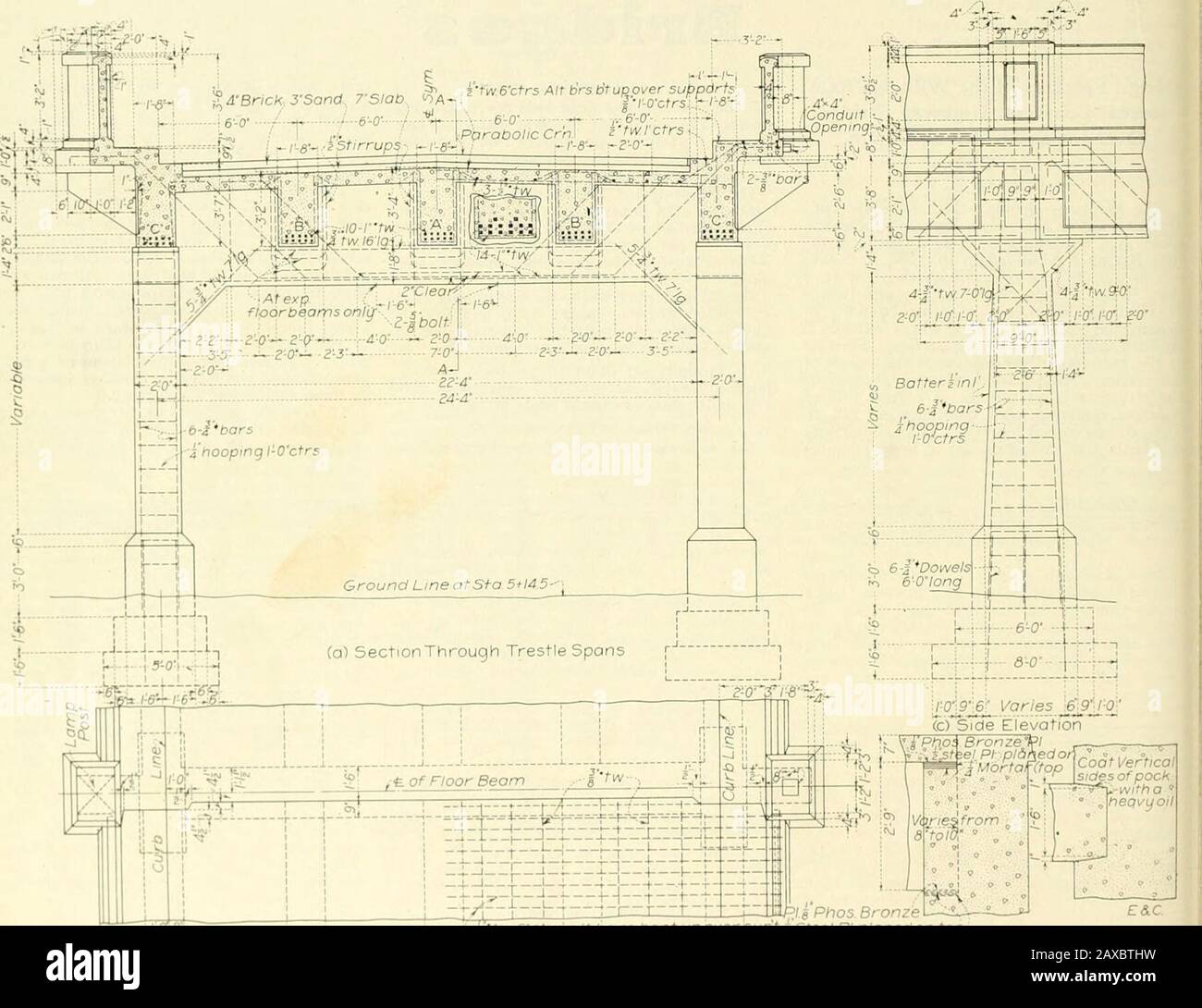 Engineering and Contracting . and tlie walls aresurmounte&lt;l with ornamental concrete railings. The west approach of the bridge consistsof an earth fdl and a 24-ft, M-in. panel of re-taining wall construction adjoining the rein-forced concrete trestle spans. Reinforced Concrete Trestle.—The portion the principal features of the trestle spans. Fig-ure 2 (a) gives a cross-section of a typicaltrestle span, and shows the type of construc-tion, the principal dimensions and the rein-forcement; Fig. 2 (b) shows a part plan of aspan adjacent to an expansion joint, and givesthe principal dimensions a Stock Photo