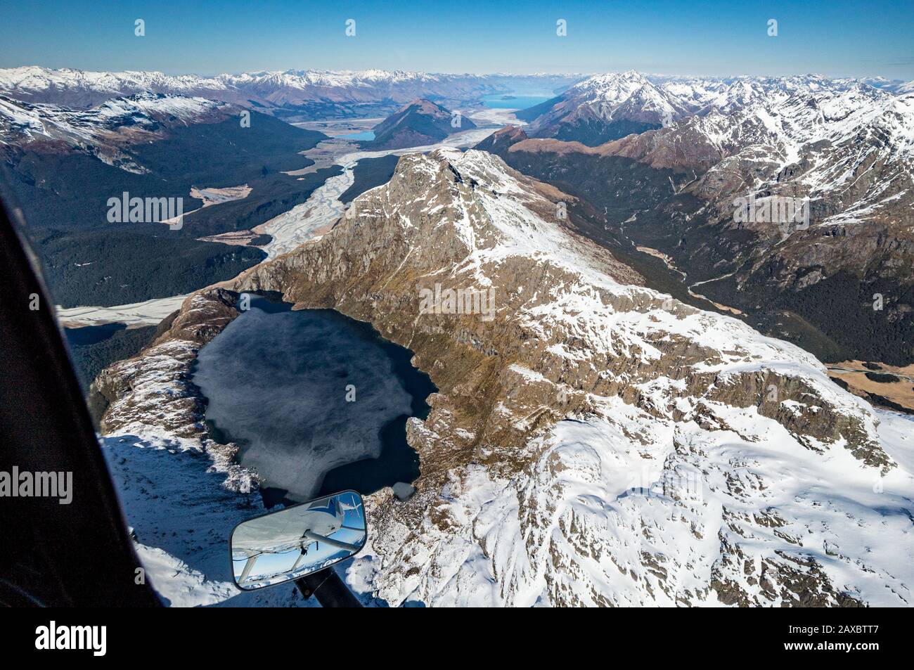 Helicopter view of Lake Unknown, a glacial lake high above the Dart River Valley, New Zealand Stock Photo