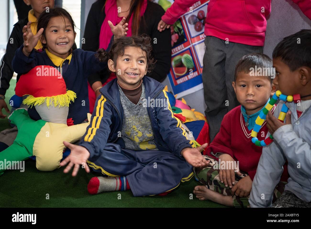 Nepal. 04th Feb, 2020. Children play in a school that was rebuilt after the earthquake. About five years after the severe earthquake in Nepal, Büdenbender travels to the Himalayan country as patroness of Unicef. Credit: Sina Schuldt/dpa/Alamy Live News Stock Photo