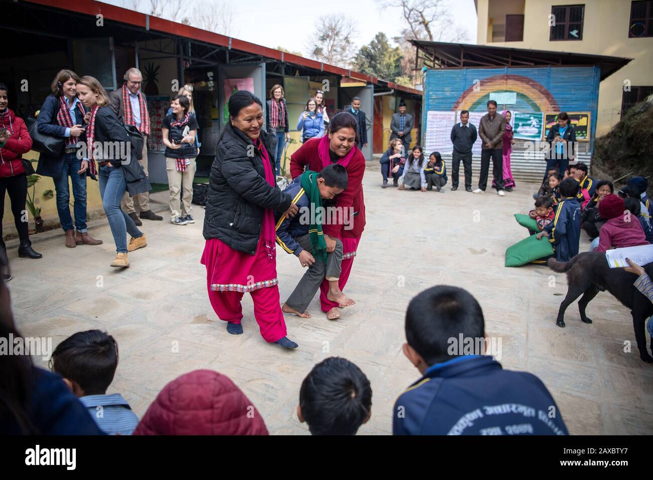 Nepal. 04th Feb, 2020. Children and educators practice caring for the injured in a school that was rebuilt after the earthquake. About five years after the severe earthquake in Nepal, Büdenbender travels to the Himalayan country as patroness of Unicef. Credit: Sina Schuldt/dpa/Alamy Live News Stock Photo
