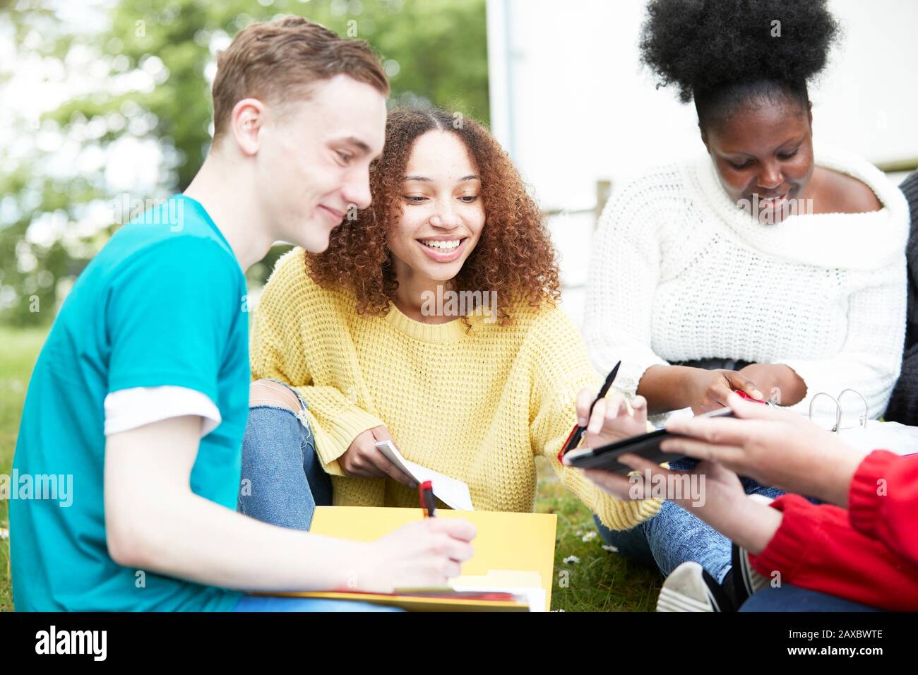 College students studying and using digital tablet in park Stock Photo