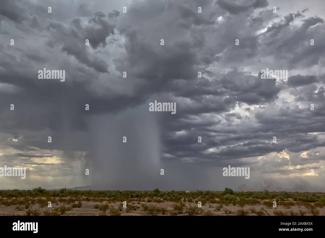 A monstrous monsoon storm letting loose a downpour of heavy rain which completely engulfs the White Tank Mountains in southwestern Arizona during the Stock Photo