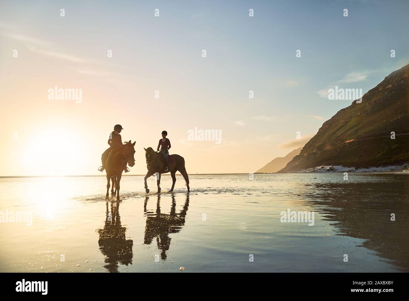 Young women horseback riding in tranquil ocean surf at sunset Stock Photo