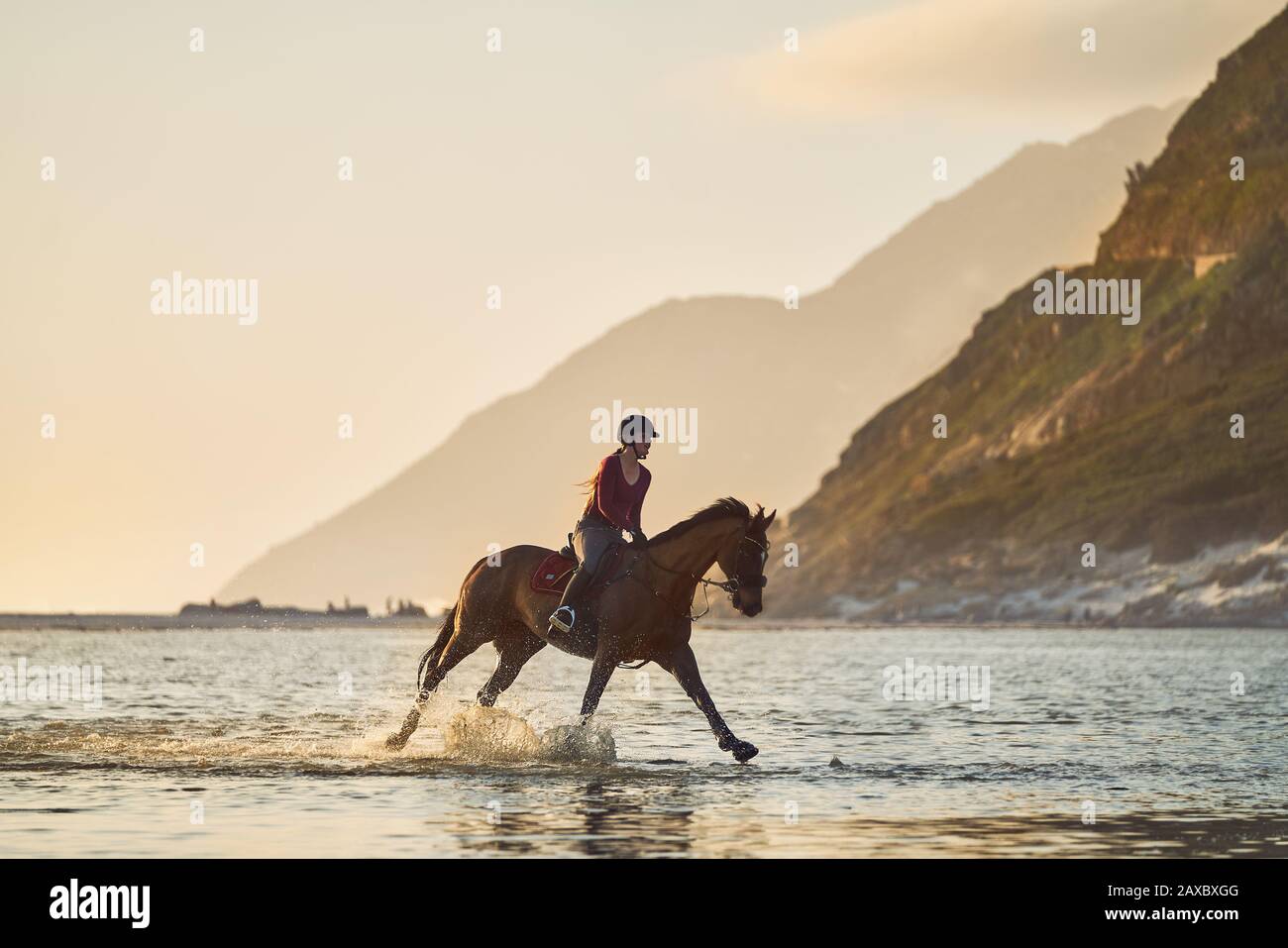 Young woman galloping on horseback in tranquil ocean surf Stock Photo