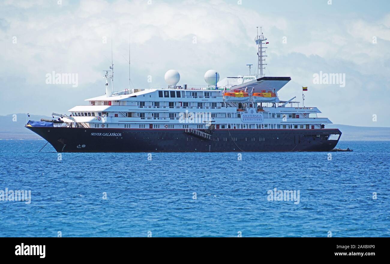 Silver Seas Expeditions 100 passenger cruise ship Silver Galapagos in the Galapagos Islands. Stock Photo