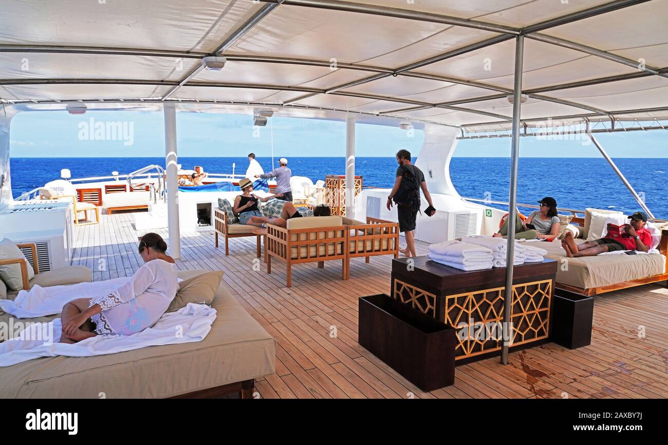 Galapagos Islands 16 pax yacht Sea Star Journey sun deck. Stock Photo