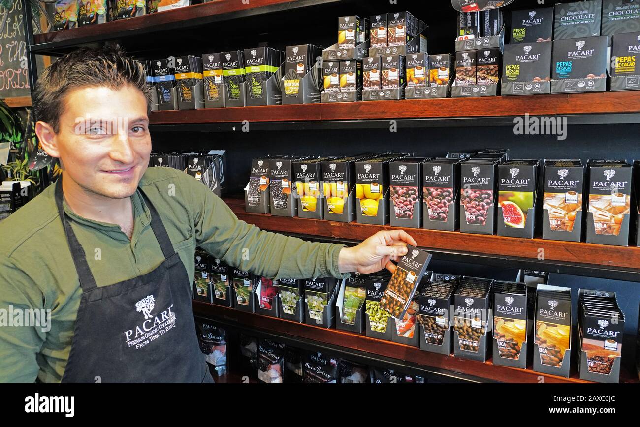 Pacari premium chocolate in Old Town Quito shop. Stock Photo