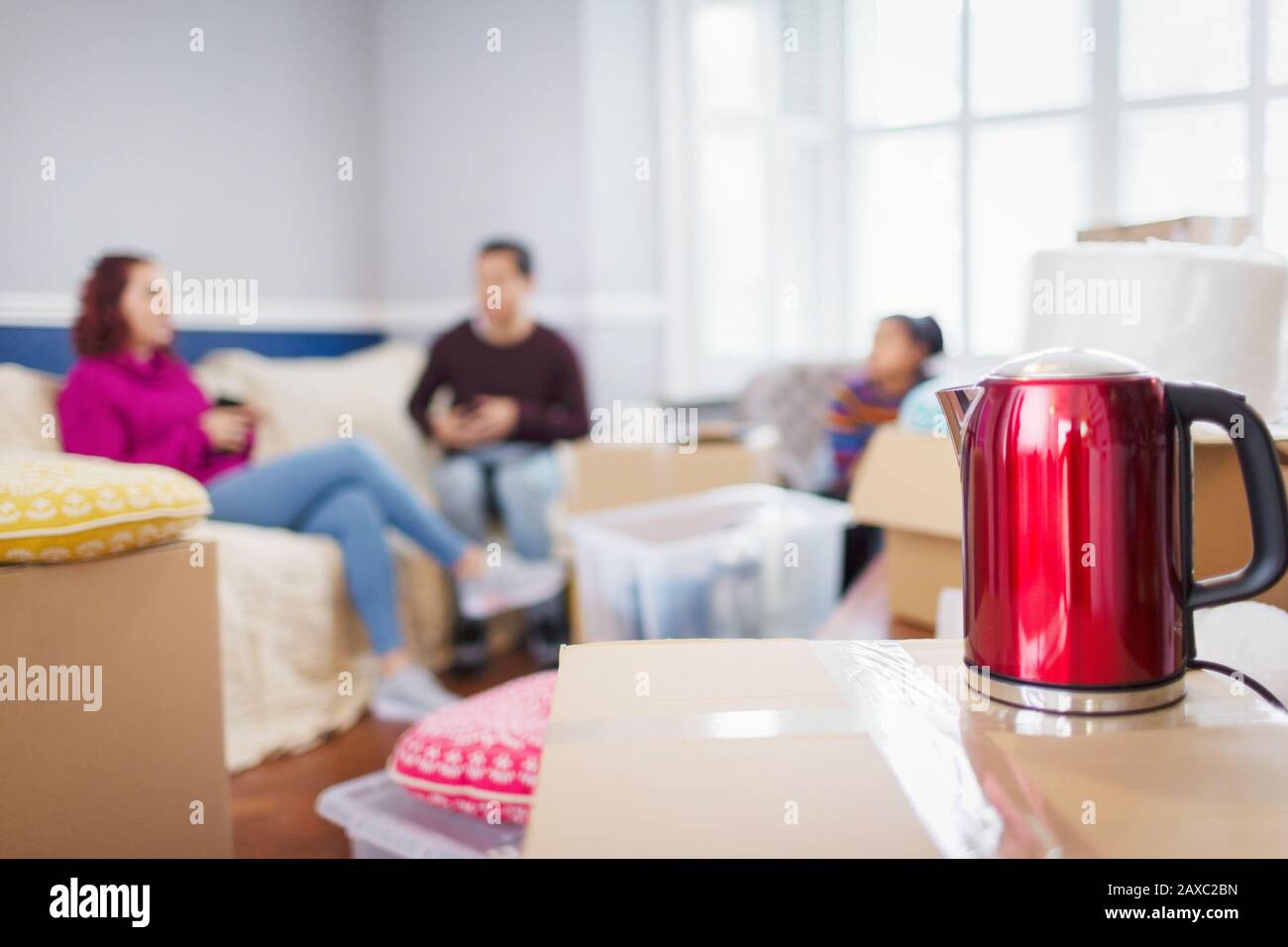 Friends taking a break from moving house behind tea kettle on cardboard box Stock Photo