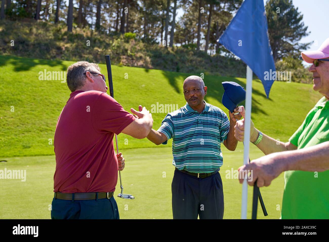 Male golfers shaking hands at pin on sunny golf course Stock Photo
