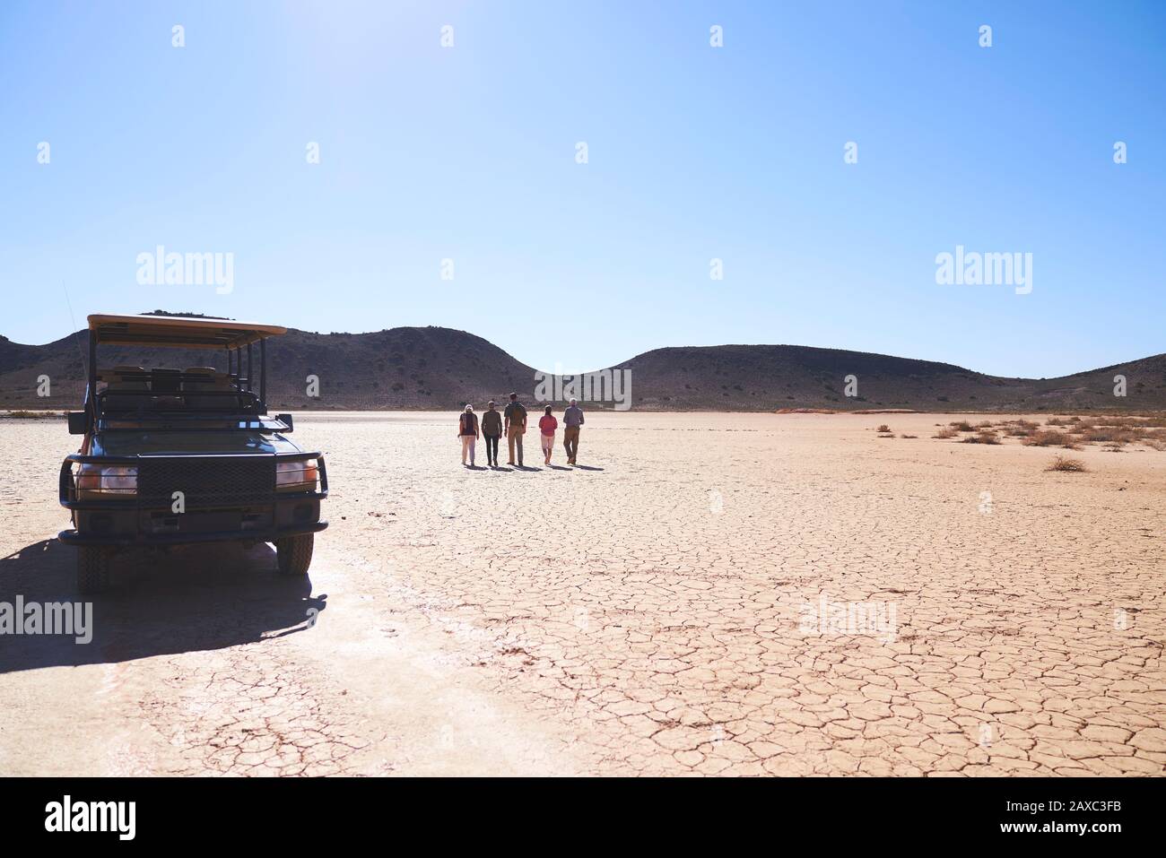 Safari tour group walking in sunny arid desert South Africa Stock Photo