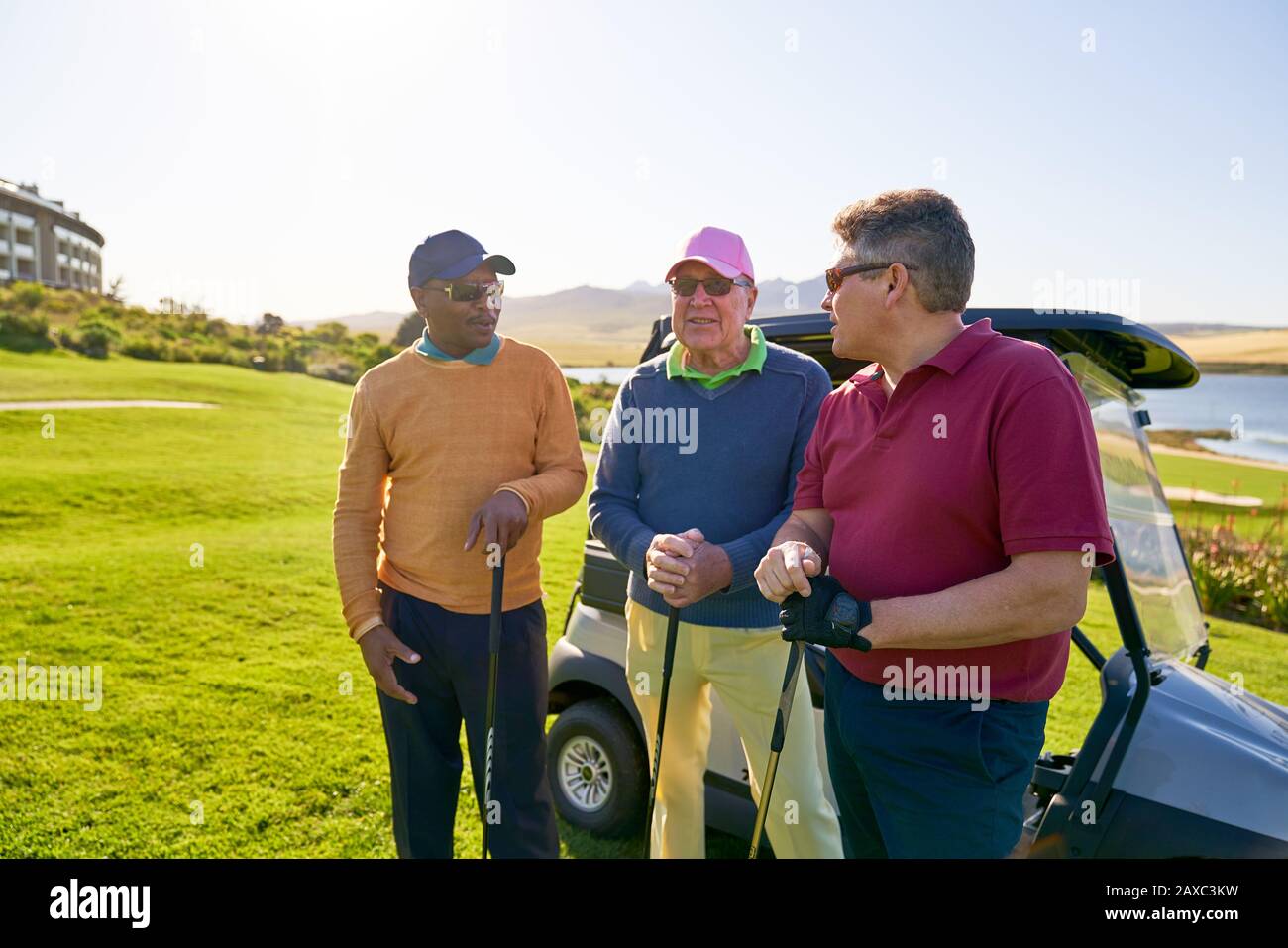 Mature male golfers talking at sunny golf cart Stock Photo