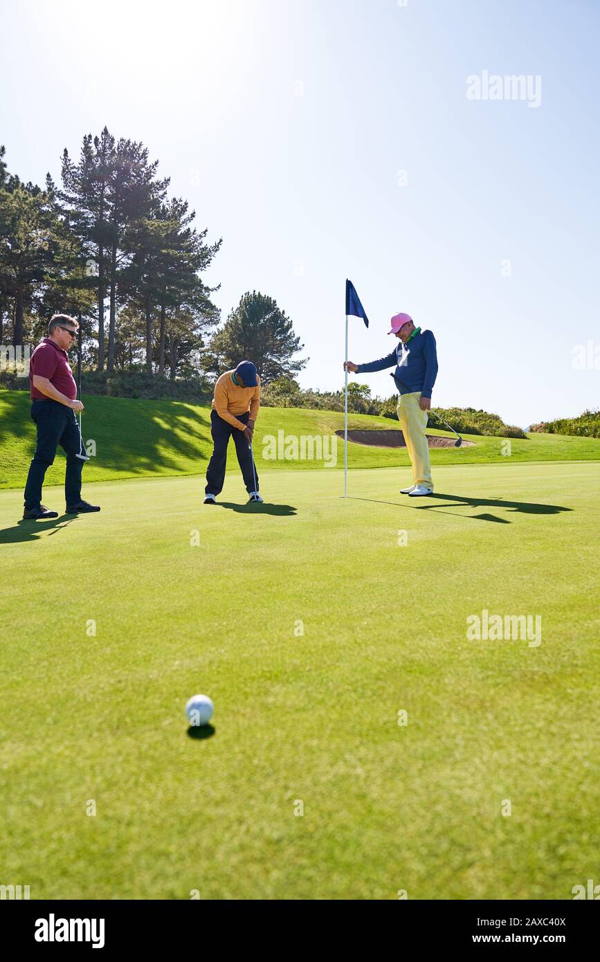 Male golfer putting at hole on sunny golf course putting green Stock Photo