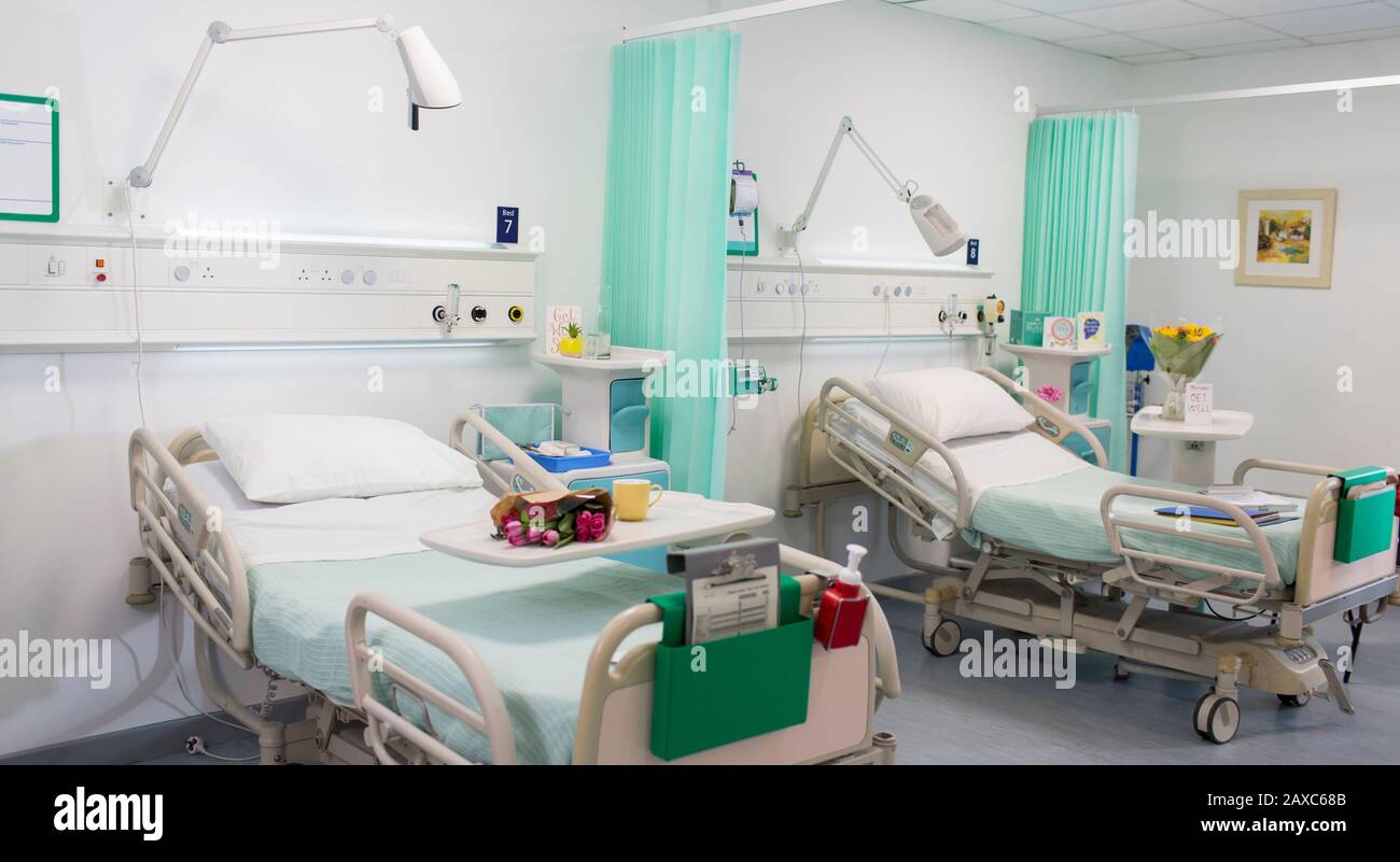 Flowers on trays over hospital beds in vacant hospital ward Stock Photo