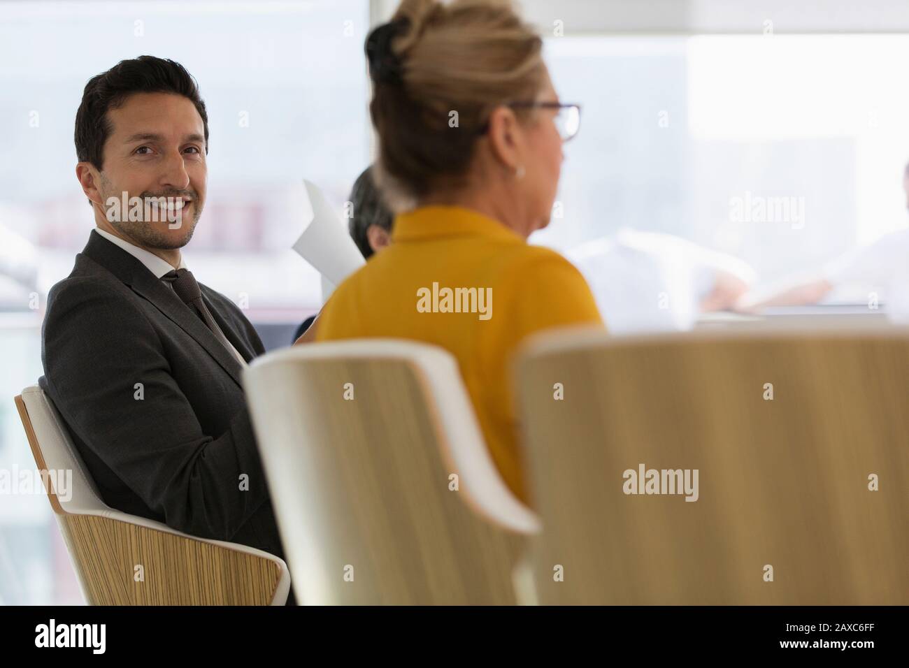 Portrait smiling, confident businessman in conference room meeting Stock Photo