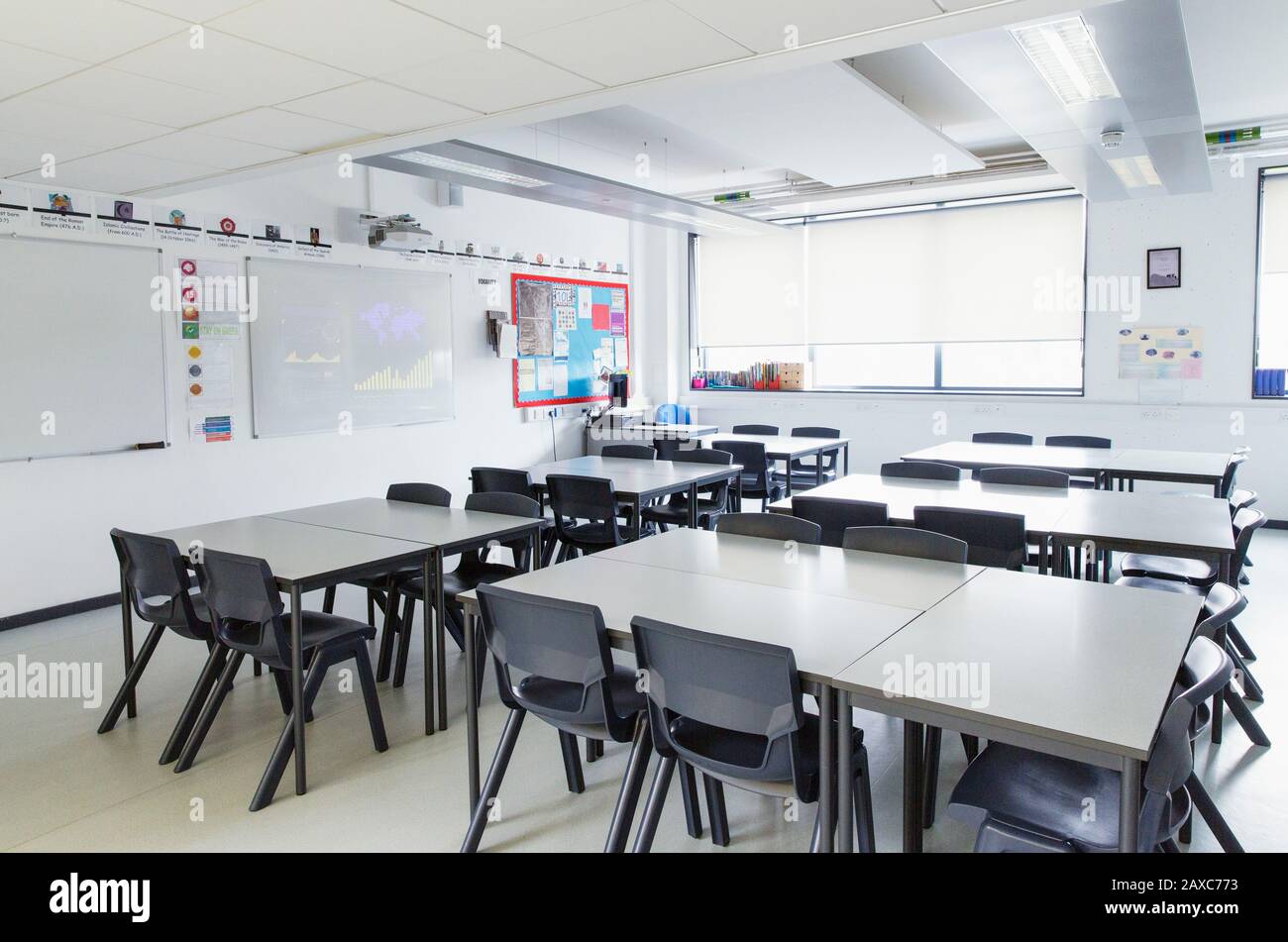 Tables in empty classroom Stock Photo