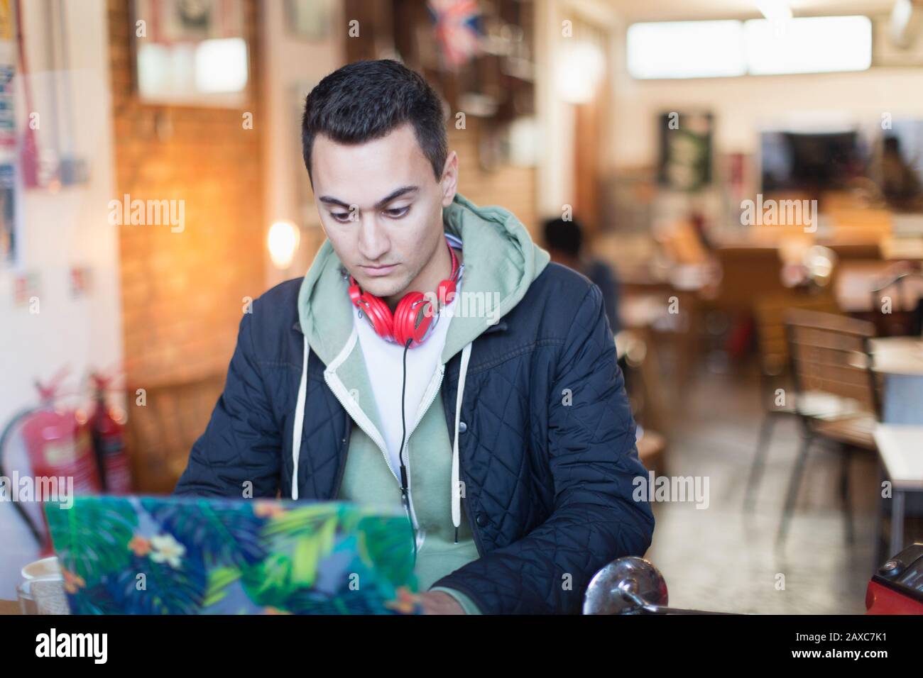 Focused young male college student studying at laptop in cafe window Stock Photo