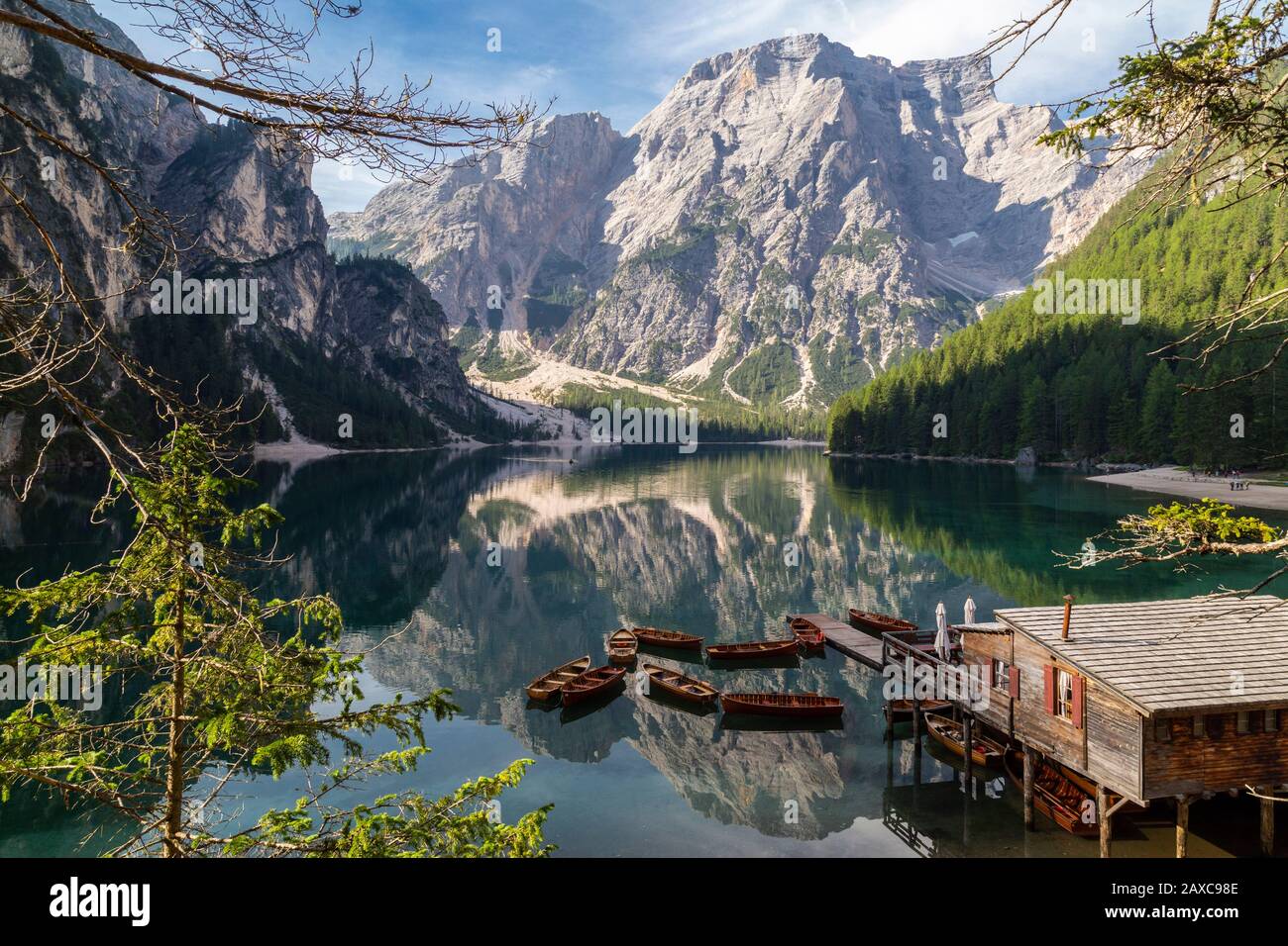 Uniquely placed boats, very touristy on Lago di Braies Stock Photo