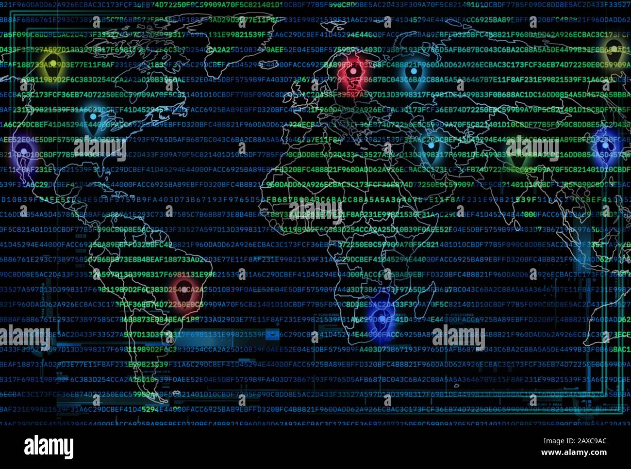 World map with geo pins and computer code overlay. Navigation and geolocation concept illustration. Digital cartography and targeting software develop Stock Photo