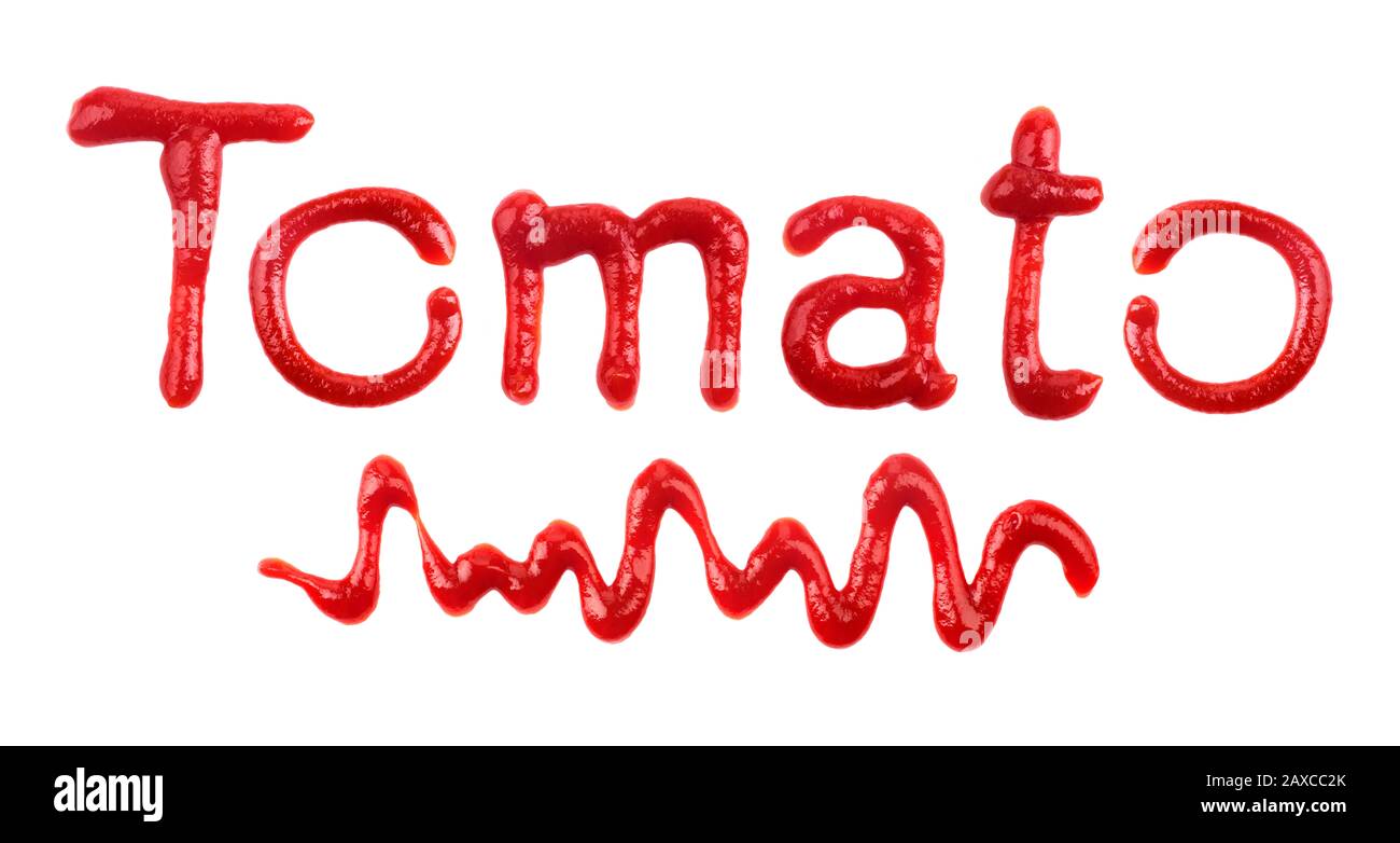 The word 'Tomato' written with ketchup on white Stock Photo