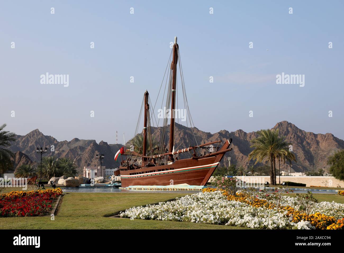 Muscat / Oman – February 11, 2020: A replica of the Sohar dhow, on display at the Al Bustan roundabout in the Omani capital Muscat Stock Photo