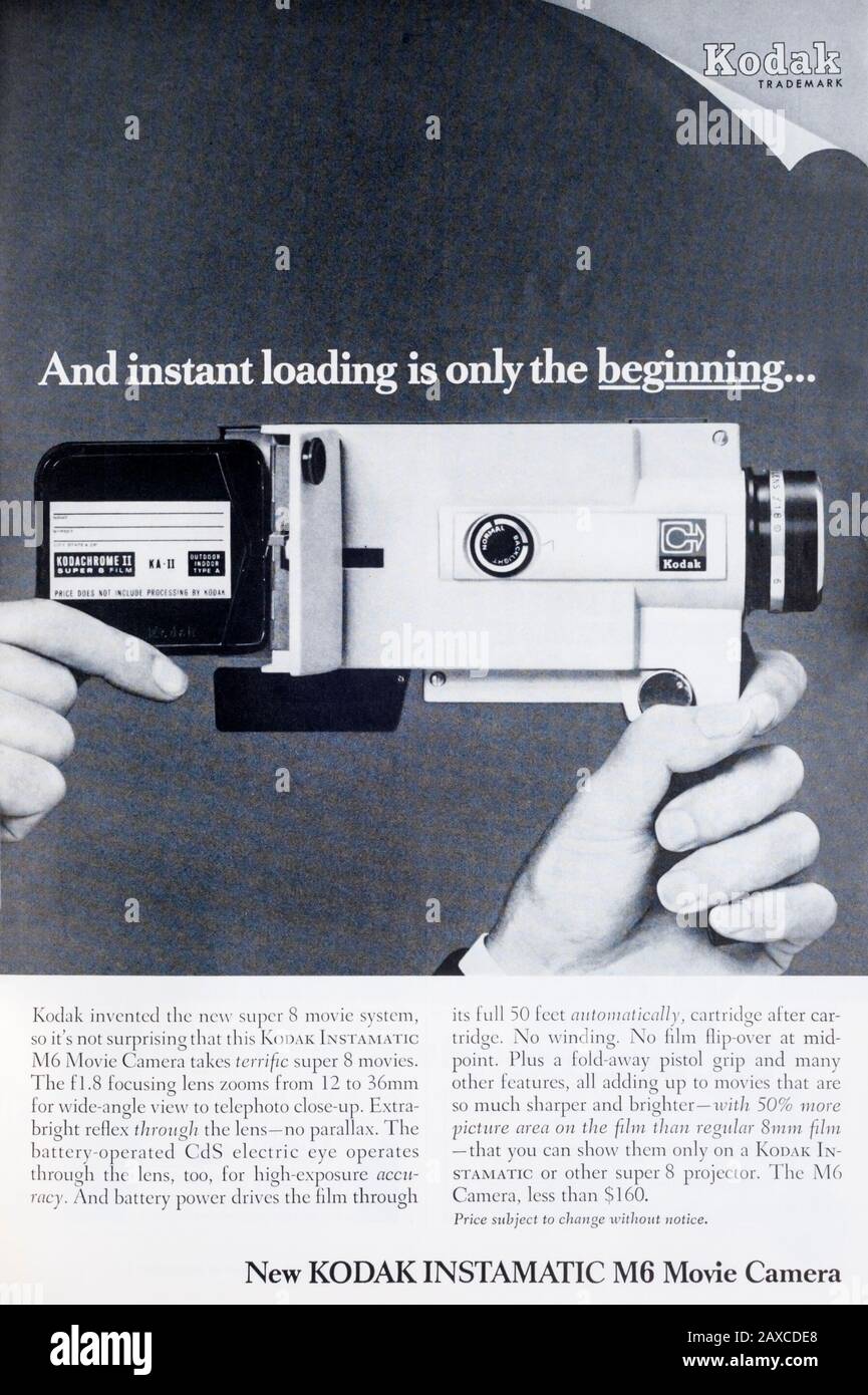 1966 magazine advert for Kodak instamatic M6 movie Camera. Stock Photo