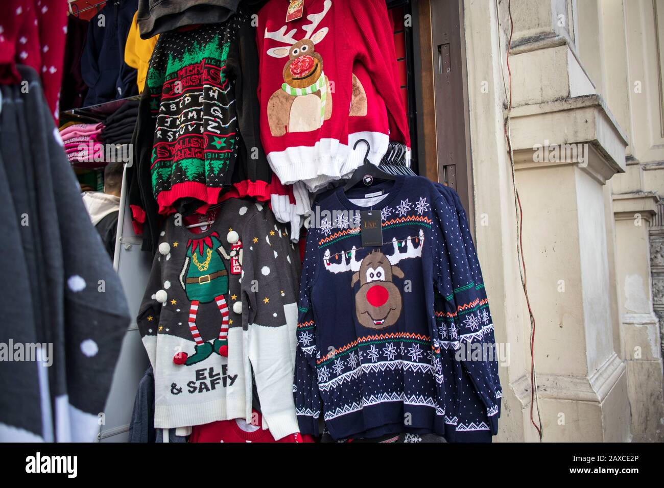 London, UK - December 2nd, 2019. A temporary seasonal display of ugly Christmas  sweaters at a retail store Stock Photo - Alamy
