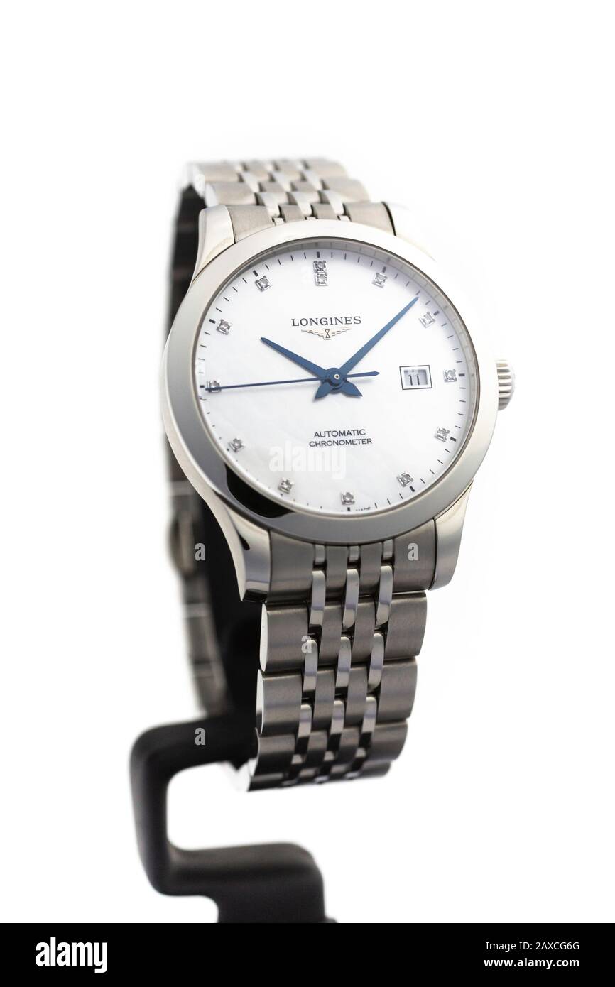 Saint-Imier, Switzerland, 2.02.2020 - woman Longines automatic silver steel  body with bracelet watch close-up, isolated. Longines is Swiss luxury Stock  Photo - Alamy