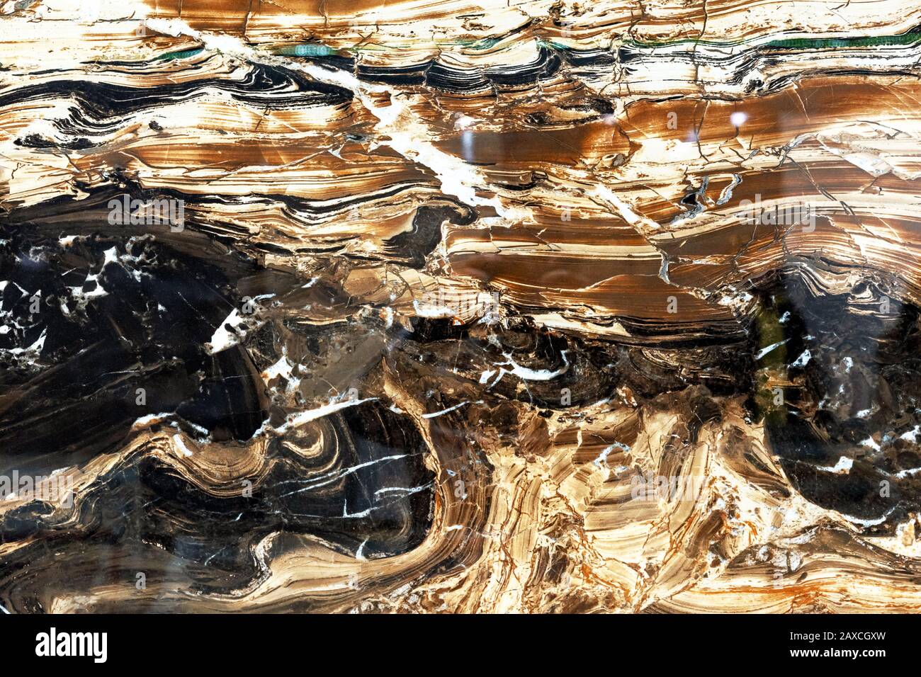 Glossy marble with brown, black and white patterns. A sample of natural