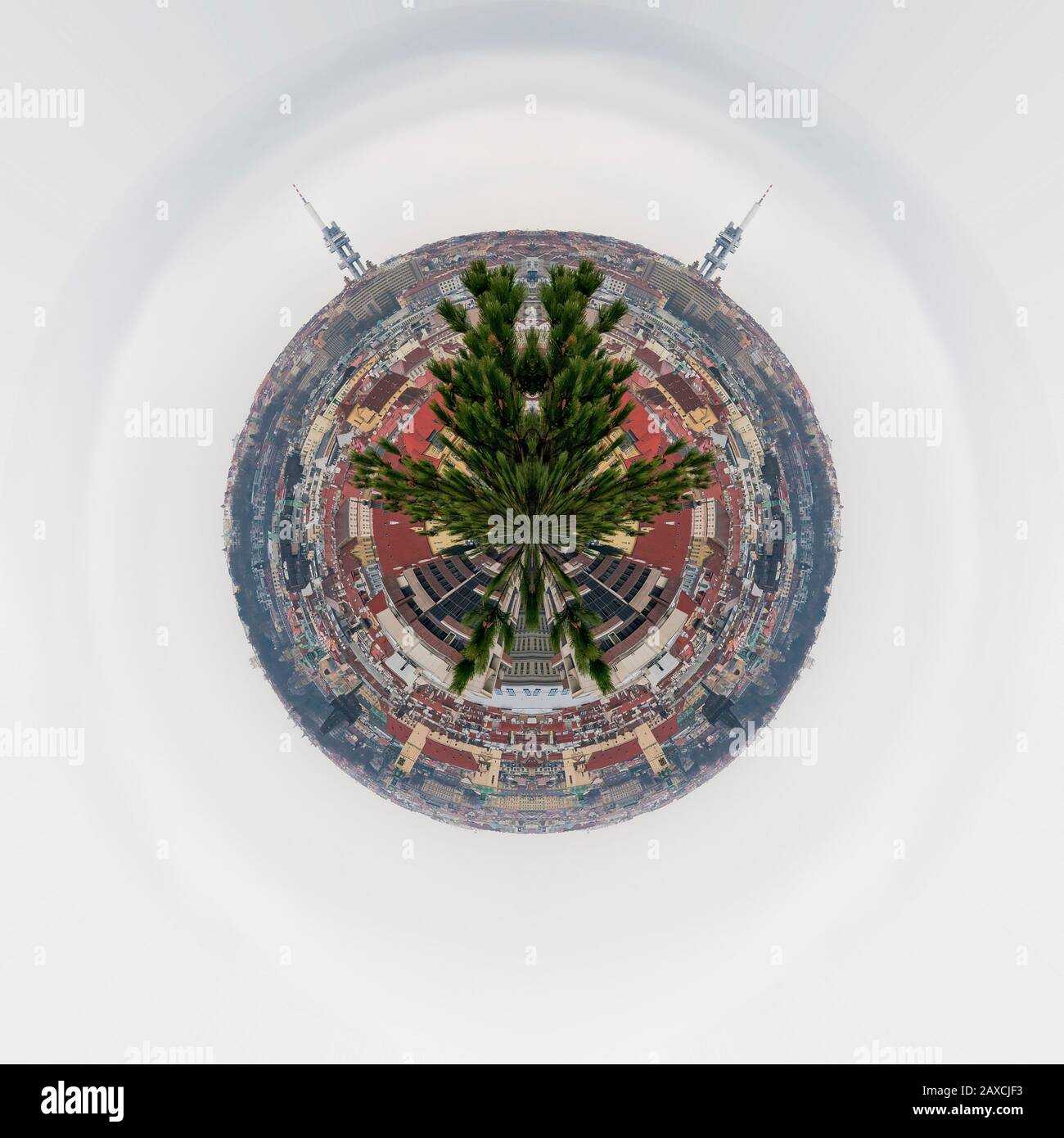 Tiny planet with trees and buildings Stock Photo