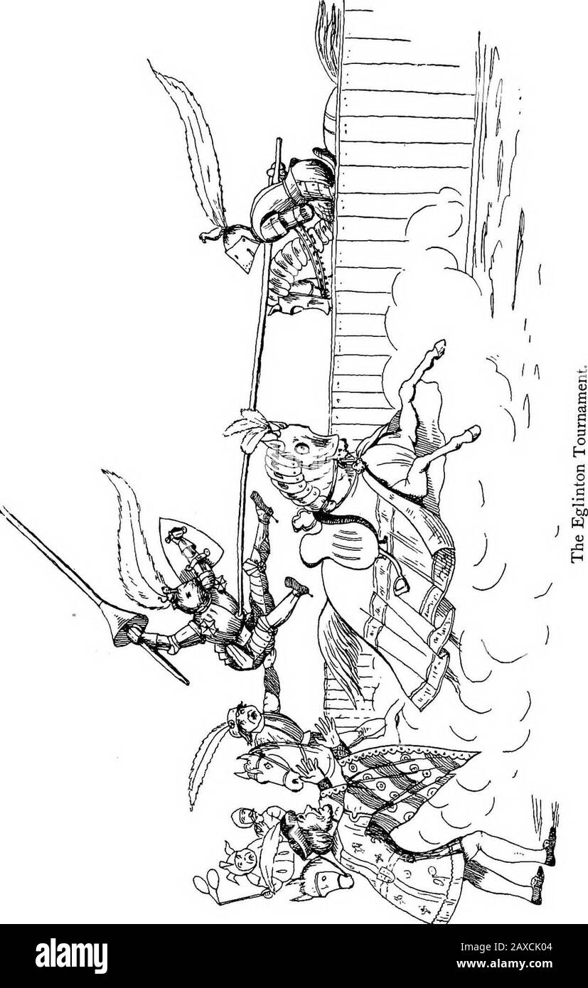 Gossip in the first decade of Victoria's reign . Brit. Mus. The armour and arms used in this tournament were shownin Feb., 1840, at the Gallery of Ancient Armour in GrosvenorStreet, and they were subsequently sold by Auction on July 17and 18 of that year. They fetched ridiculously low prices,as the following exEunple will show: A suit of polished steel cap a fied armour, richly engravedand gilt, being the armour prepared for the Knight of theLions Paw, with tilting shield, lance, plume and crest en suite,32 gTiineas. The emblazoned banner and shield of the Knight of the-Burning Tower, with the Stock Photo