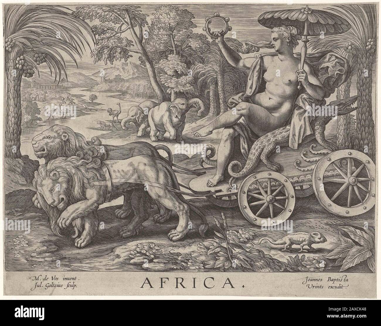 Afrika; De vrouwelijke personificatie van het continent Afrika zit op kar  getrokken door twee leeuwen. Naast haar een krokodil. Ze heeft een  tambourijn in de rechterhand en een parasol in de linker.