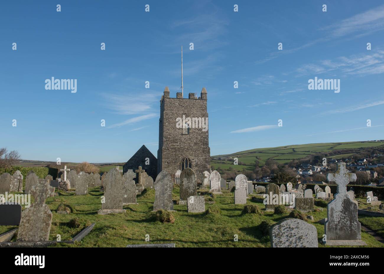 St Symphorian Church in the Coastal Village of Forrabury with a Bright Blue Sky Background in Rural Cornwall, England, UK Stock Photo