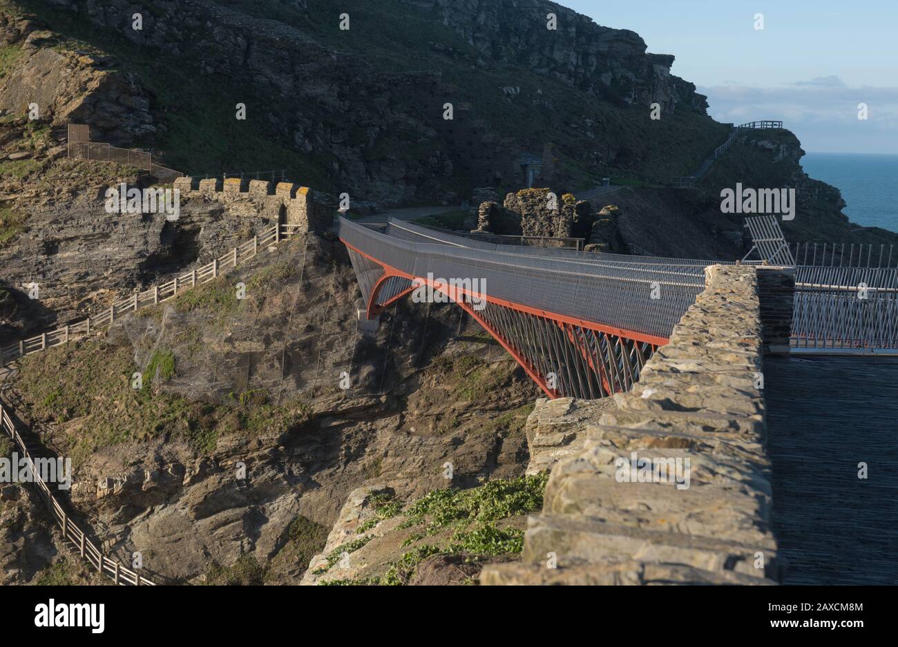 Steel Cantilever Footbridge Linking The Ruins of Tintagel Castle to the Village of Tintagel on the North Cornish Coast in Cornwall, England, UK Stock Photo