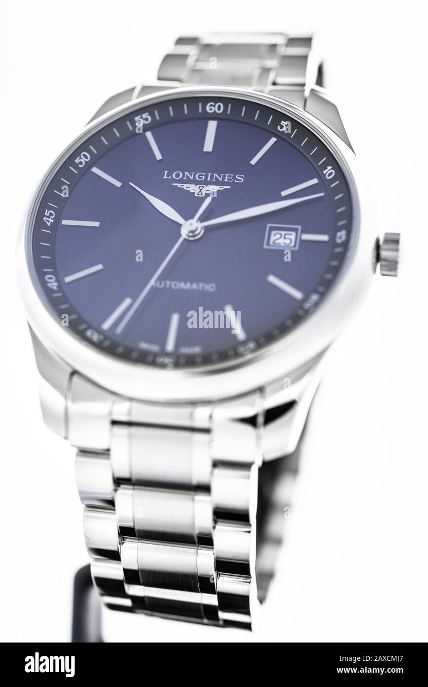 Saint-Imier, Switzerland, 2.02.2020 - Longines silver steel body with  bracelet watch close-up, blue clock face macro isolated. Longines is Swiss  Stock Photo - Alamy