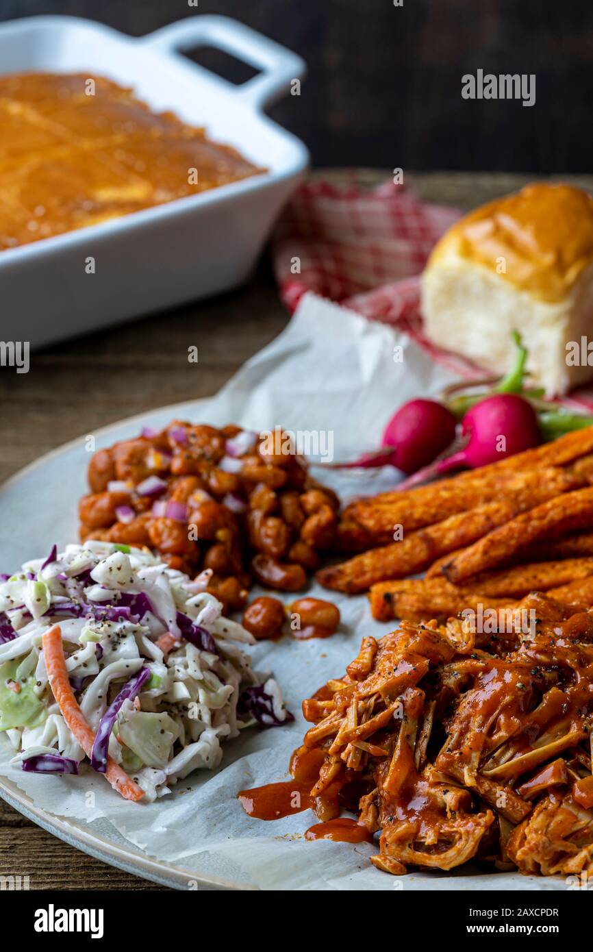 Southern US cooking. Vegan barbecue jackfruit, coleslaw, oven baked