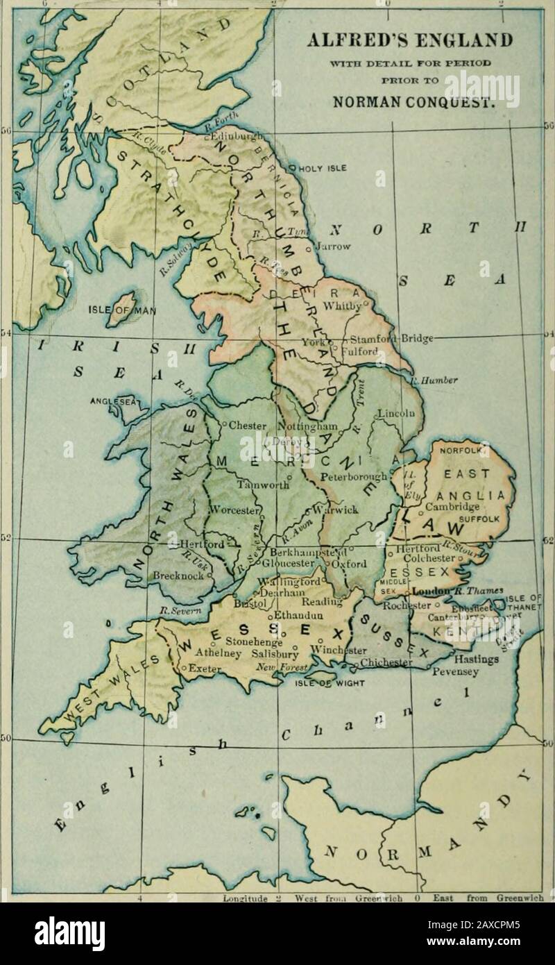 The British nation a history / by George MWrong . Danish, or Vikino, J5oat. practice was to seize the available horses, so as to be ableto move rapidly and to retire quickly. At first they weremere robbers and destroyers, who burned towns and vil-lages and desolated large areas; but they were shrewdenough to see that England was a better country thantheir own, and in time they resolved to conquer and tohold it. The English were quarrelling among themselves.Offa, King of Mercia, who died in 706, tried to reach afinal division of England into three kingdoms—Xorthum-bria in the north, Mercia in t Stock Photo