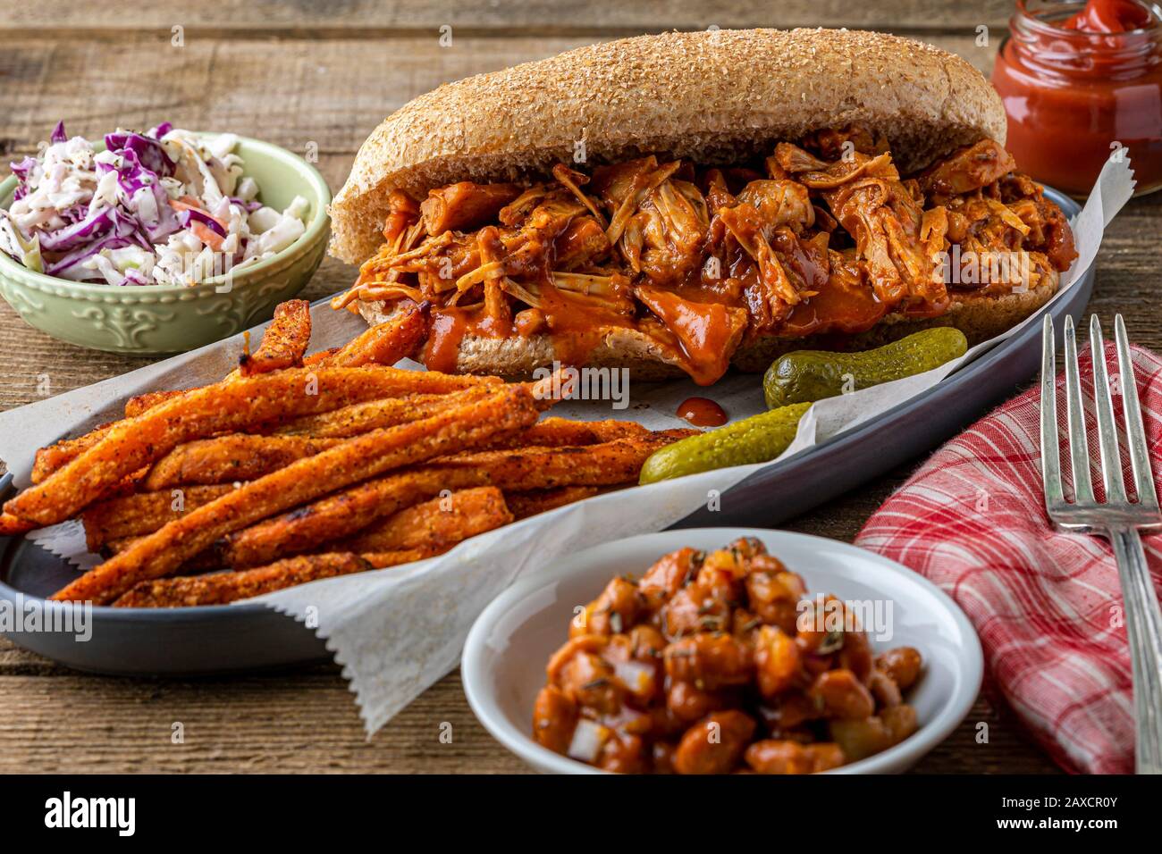 Vegan barbecue jackfruit on whole wheat hoagie bread. Southern style