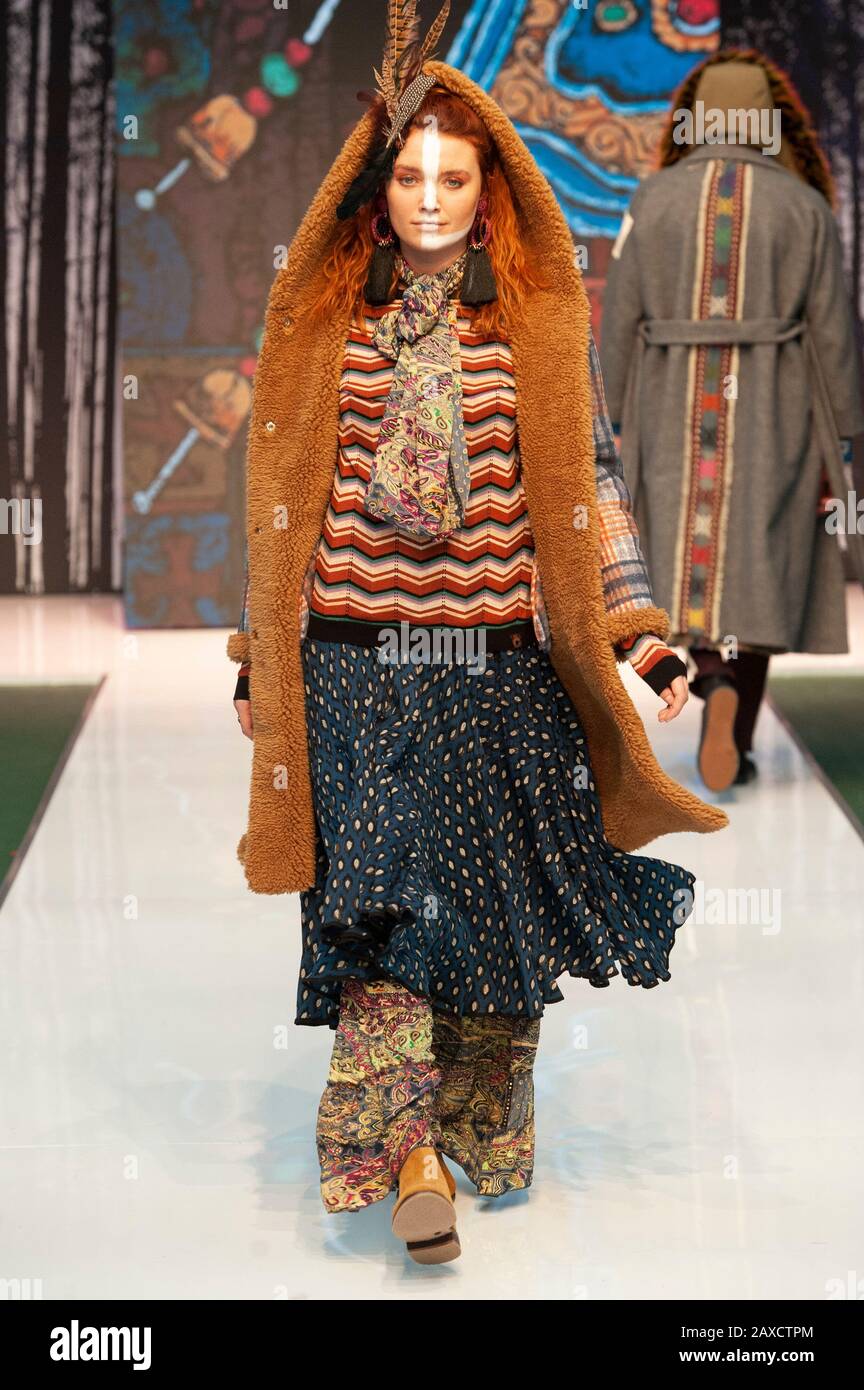 Model on the Trends Catwalk at Pure London AW20/21. 11th February 2020. Today marked the third of three successful days at the show held at Kensington Olympia in London, UK. Pure London caters for the fashion trade and features regular catwalks showcasing the forthcoming trends for the next season, seminars from industry experts, and all the latest lines from fashion and accessories brands the world over. Credit: Antony Nettle/Alamy Live News Stock Photo