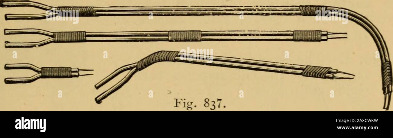 Catalogue of surgeons instruments and medical appliancesElectro-therapeutic  apparatusSundries for the surgery and sick-room, medicine chests, etc .  Fig. 832. Larynx Electrode (Fig. 832)— Single Pole 10 6 Double 200  Electrodes for the