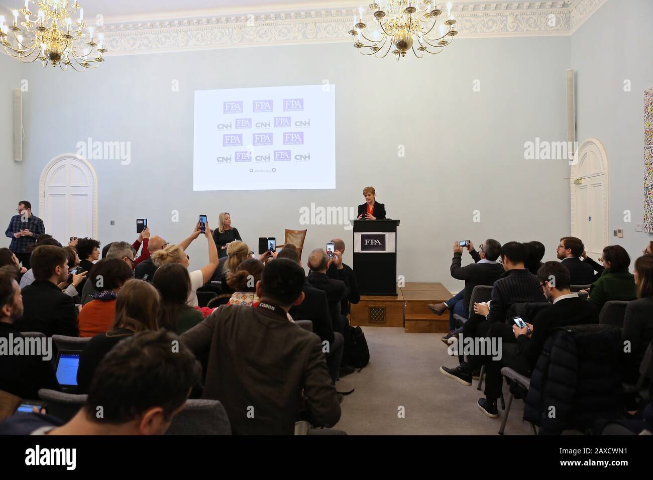 Scottish MP Nicola Sturgeon addresses foreign Press Association 11 February 2020 at Royal Academy , London , UK . the Scottish National Party ( SNP) continues to campaign for a second referendum of Scottish independence ... Stock Photo