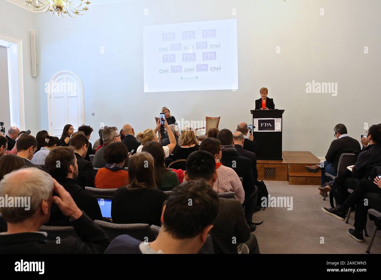 Scottish MP Nicola Sturgeon addresses foreign Press Association 11 February 2020 at Royal Academy , London , UK . the Scottish National Party ( SNP) continues to campaign for a second referendum of Scottish independence ... Stock Photo