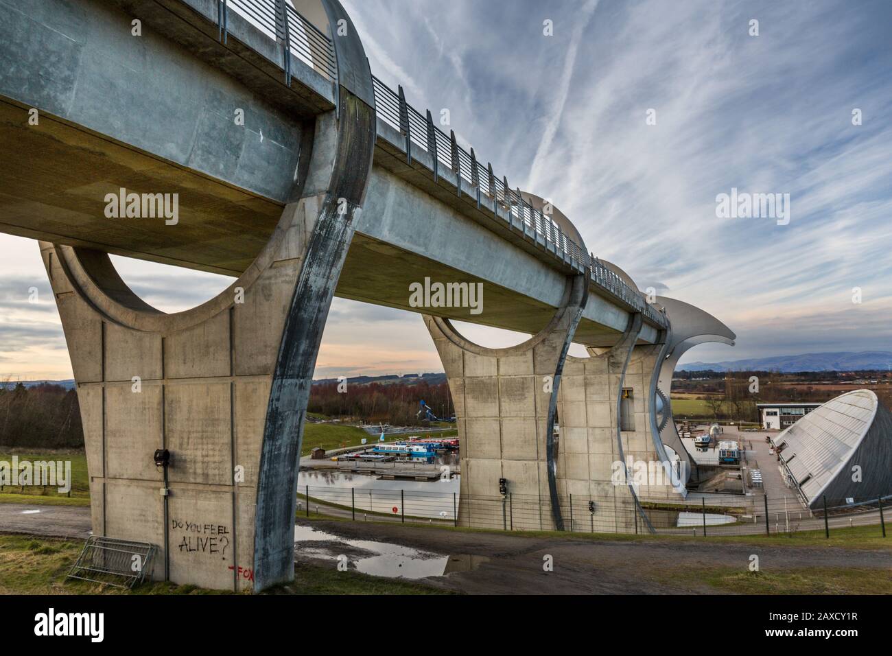 The Falkirk Wheel is a unique rotating boat lift in Scotland, connecting the Forth and Clyde Canal with the Union Canal. It opened in 2002. Stock Photo