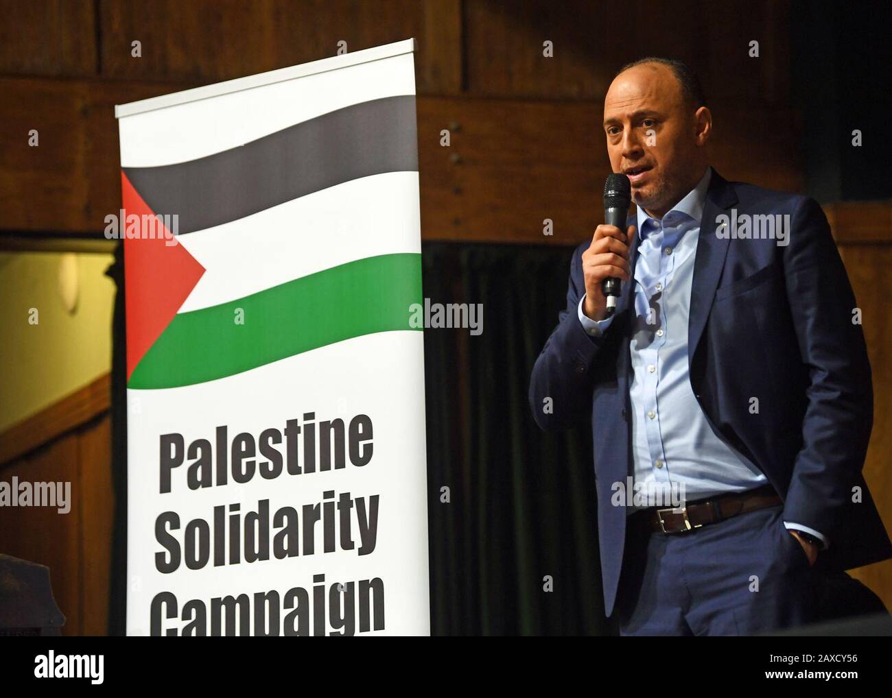 Ambassador Husam Zomlot, Head of Palestinian Mission to the UK, speaking at the Exist, Resist, Return: No to Trump???s deal! organised by the Palestine Solidarity Campaign, at Conway Hall in London. Stock Photo