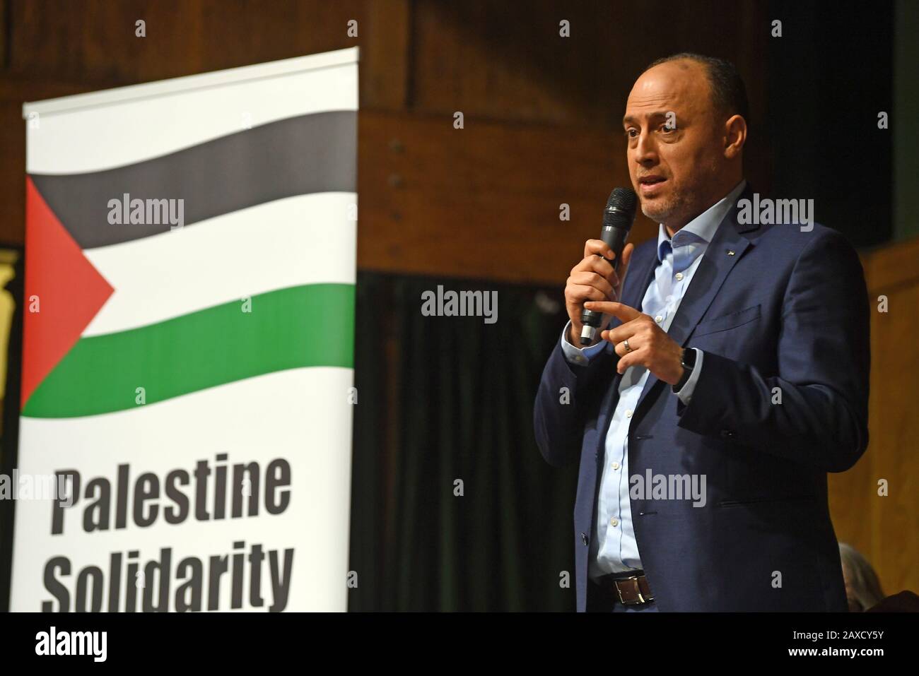 Ambassador Husam Zomlot, Head of Palestinian Mission to the UK, speaking at the Exist, Resist, Return: No to Trump???s deal! organised by the Palestine Solidarity Campaign, at Conway Hall in London. Stock Photo