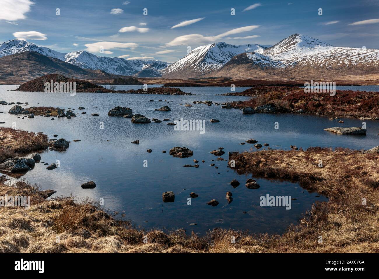 Snow covered mountains around Lochan na h-Achlaise, Rannoch Moor Argyll and Bute Scottish Highlands UK Stock Photo
