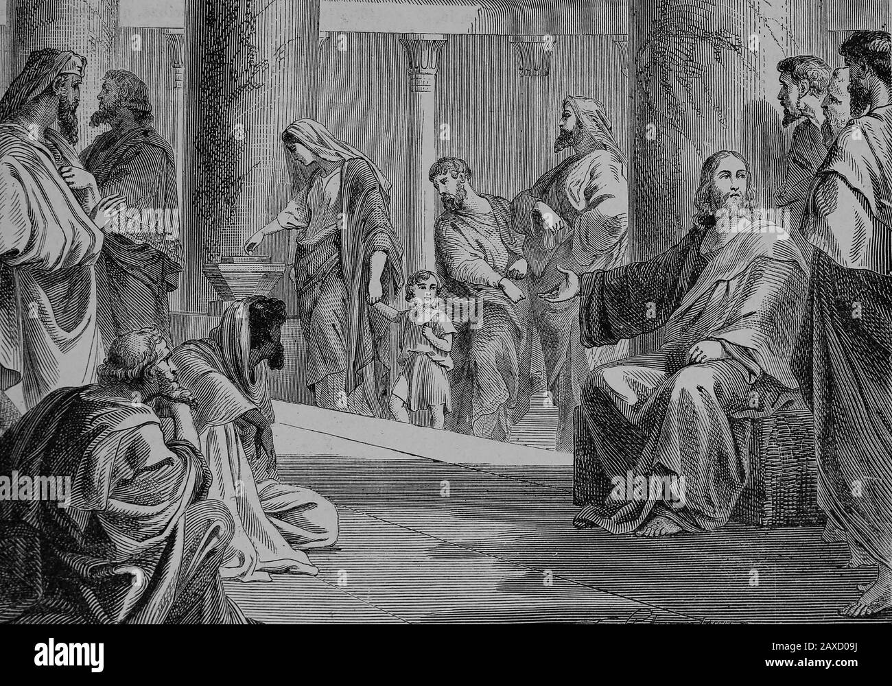New Testament. The Lesson of the Windo's mite. Engraving, 19th century. Stock Photo