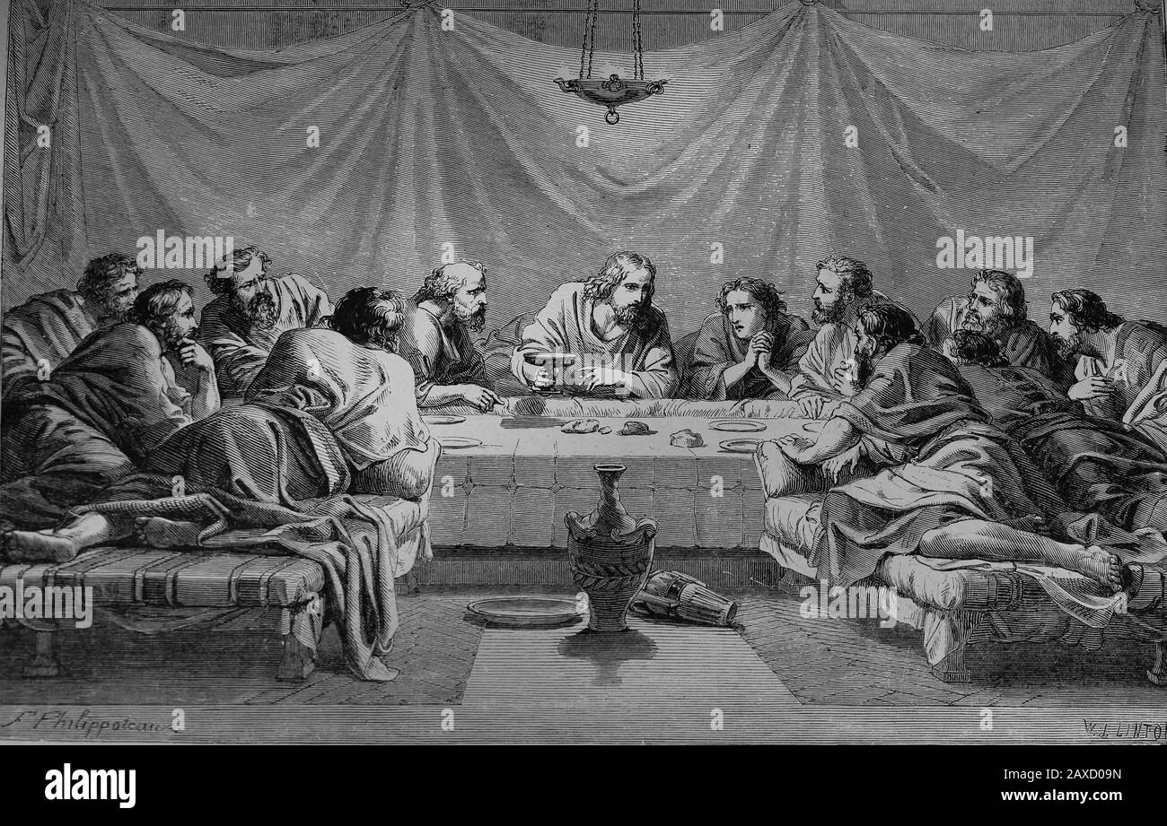 New Testament.  Last Supper. Engraving, 19th century. Stock Photo
