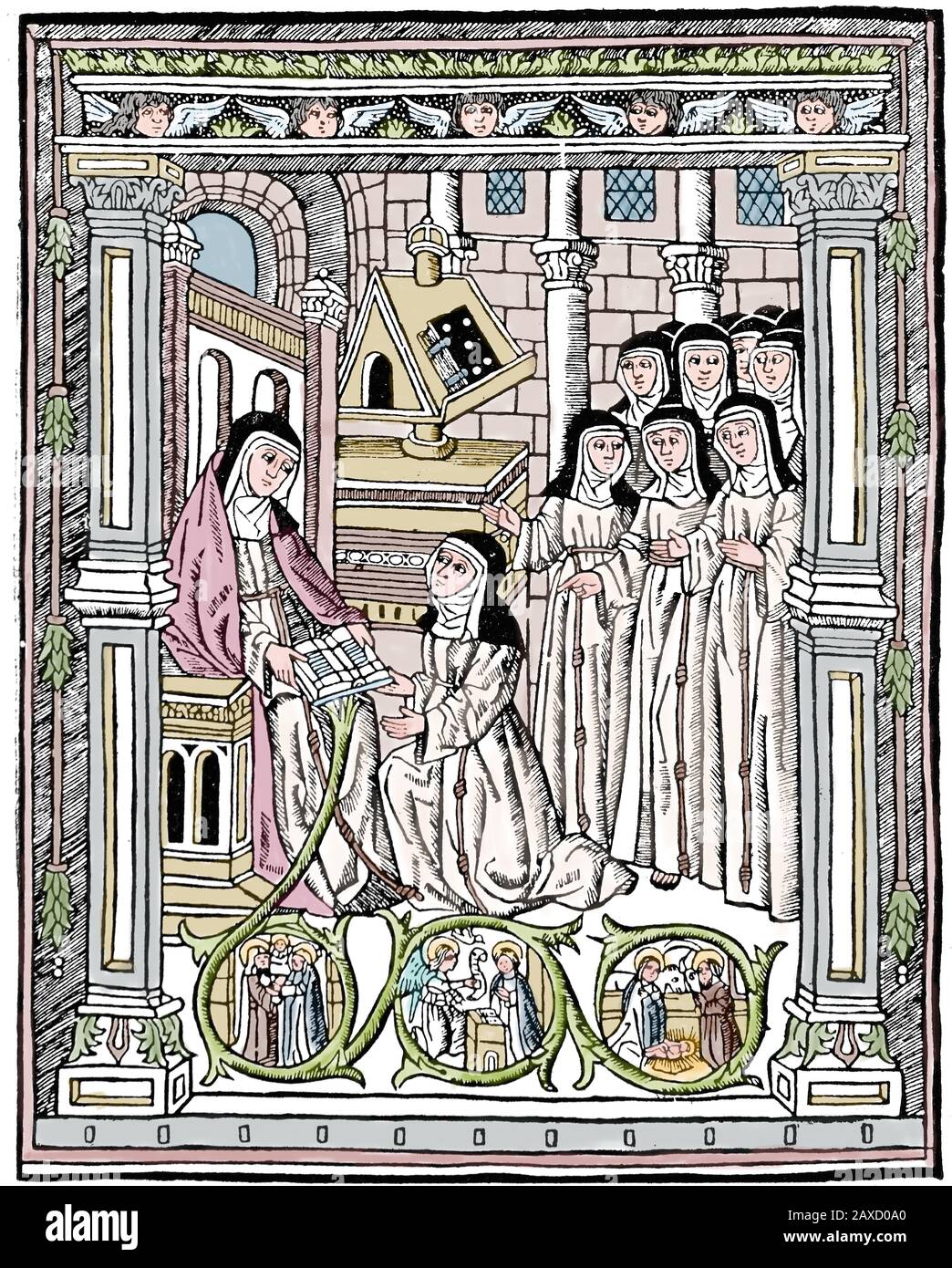Abbess of Isabel de Villena (1430-1490) delivering her work  Vita Christi (Christ Life) to her Clarises nuns, Valencia, Spain. 1513 Stock Photo